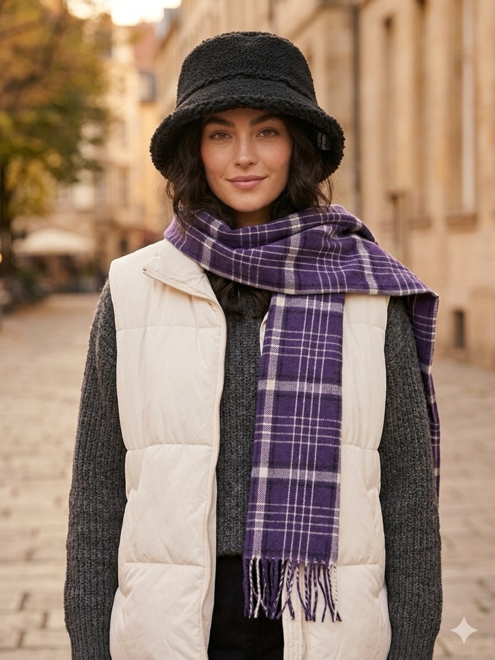 Purple Plaid Scarf & Black Bucket Hat